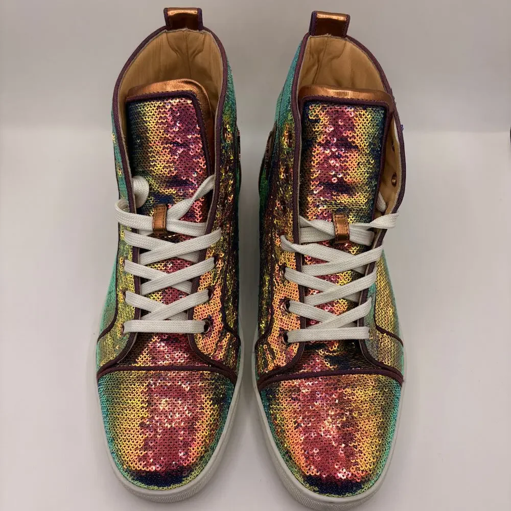 CHRISTIAN LOUBOUTIN Louis Orlato High Top Sneaker Sequin Rainbow Sz 43.5 $2200
